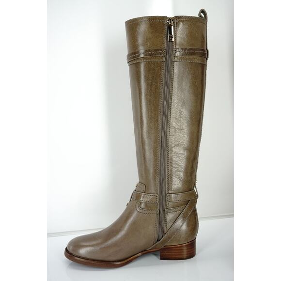 Tory Burch Calista Taupe Leather Logo Belt Knee Riding Boots New - Picture 2 of 10